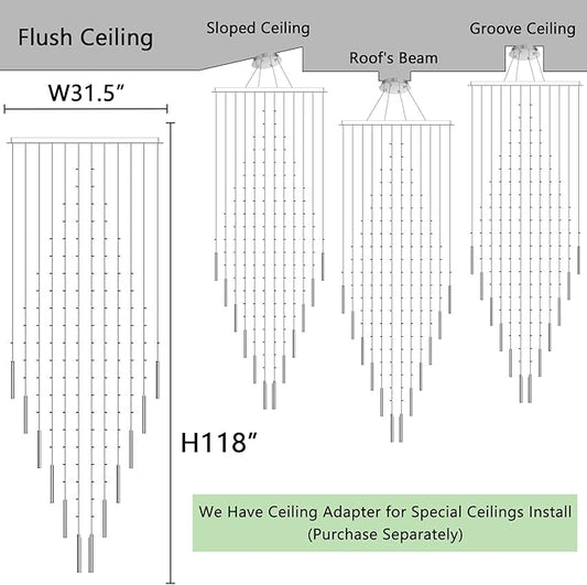 HAIXIANG W32 x H120 Glam Chandelier with LED Bulbs Square Chandeliers, Crystal Raindrop High Ceiling Pendant Light for Entrance Large Villa Chandelier Foyer Lighting Fixtures Silver