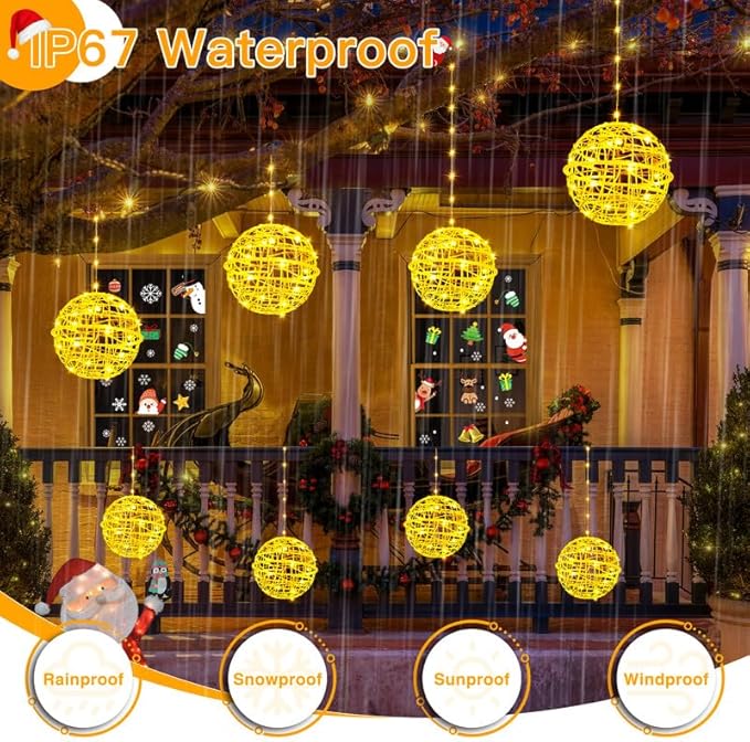 Ollny Christmas Lights Outdoor 4Pack 7.87inch, Warm White 200 LED Ball Light with Plug in Remote, 8 Modes IP67 Waterproof Connectable Sphere Tree Lights for Indoor House Yard Garage Decorations