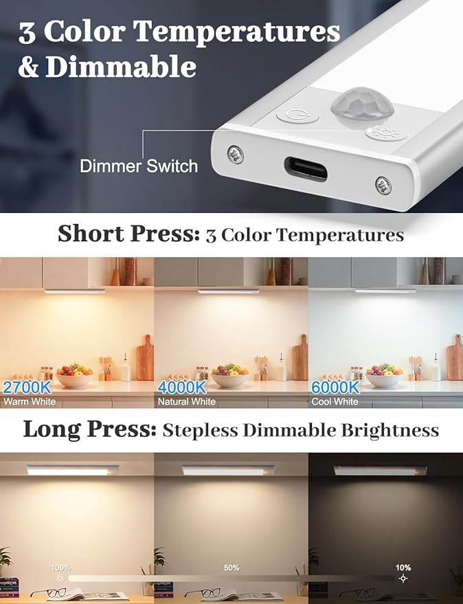 14in Under Cabinet Lighting with Charging Station, 3200mAh Rechargeable Motion Sensor Light Indoor, 3 Color Tempers Dimmable Closet Lights Wireless, Magnetic Under Cabinet Lights for Kitchen, 3-Pack