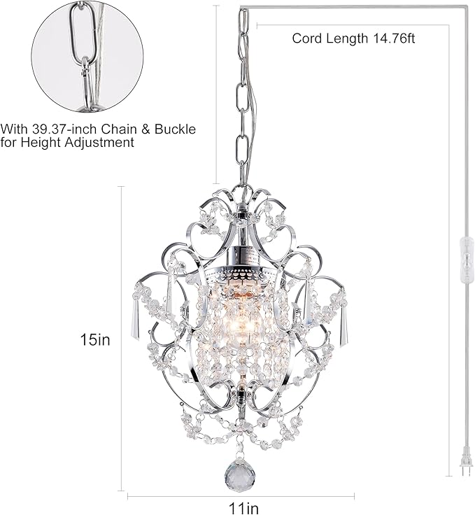 Plug in Crystal Chandelier,14.7 Ft Hanging Lights with Clear Cord & On/Off Switch,Plug in Ceiling Light Small Chandeliers for Bedroom Dining Room Entryway Living Room