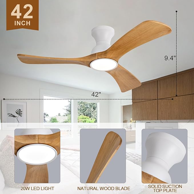 Flush Mount Ceiling Fans with Lights,42 inch,Remote Control,Wall Switch,Solid Wood Blades,Dimmable,Reversible Noiseless,Power Off Memory Modern Ceiling Fan Indoor/Outdoor for Bedroom Patios