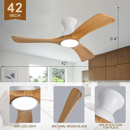 Flush Mount Ceiling Fans with Lights,42 inch,Remote Control,Wall Switch,Solid Wood Blades,Dimmable,Reversible Noiseless,Power Off Memory Modern Ceiling Fan Indoor/Outdoor for Bedroom Patios