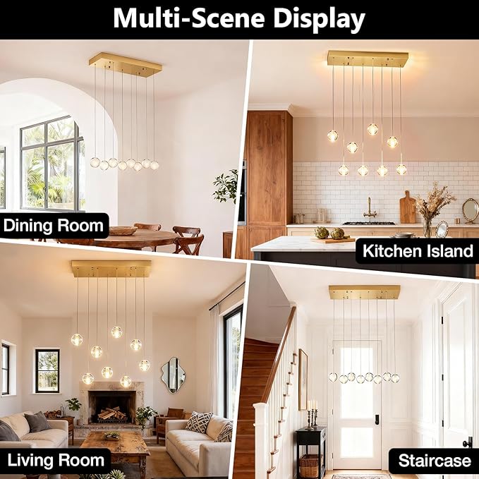 8 Lights Gold Raindrop Rectangle Chandelier, Modern Bubble Crystal Chandelier for Dining Room, Large Pendant Light for High Ceilings Staircase Foyer Entryway Living Room Kitchen Island