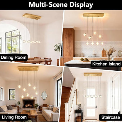 8 Lights Gold Raindrop Rectangle Chandelier, Modern Bubble Crystal Chandelier for Dining Room, Large Pendant Light for High Ceilings Staircase Foyer Entryway Living Room Kitchen Island