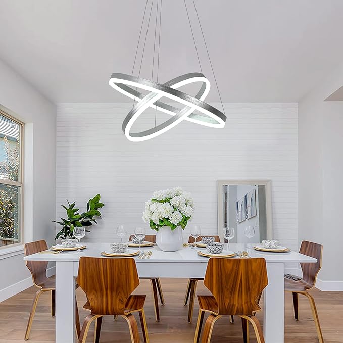 2-Rings Modern LED Chandelier Silver for Dining Room, Dimmable Pendant Lighting with Remote Control Circular Flush Mount High Ceiling Light for Bedroom Living Room Foyer, 3000K-6500K