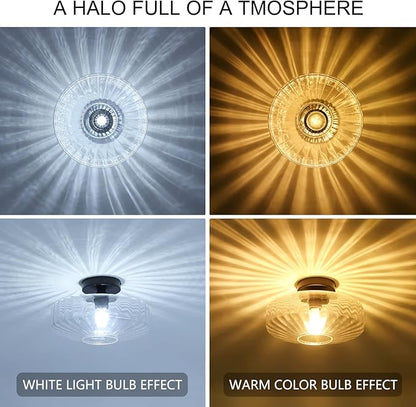 Semi Flush Mount Ceiling Light, 11.8" Vintage Clear Glass Ceiling Lights, 1-Light Mid Century Modern Drum Close to Ceiling Light Fixtures for Bedroom Kitchen Entryway Hallway Porch Foyer