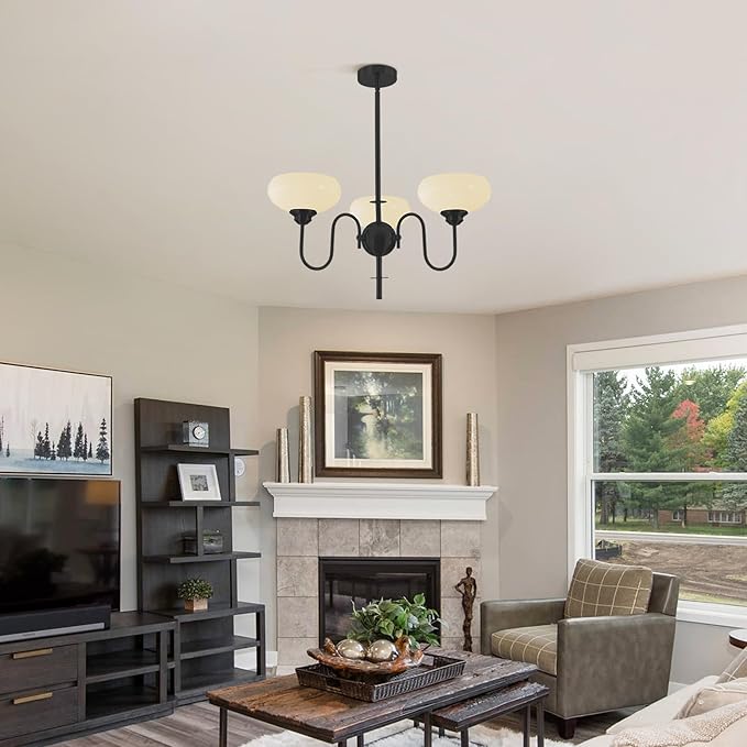 BOKT 3 Light French Chandeliers for Dining Room, Black Farmhouse Chandelier for Bedroom, Small Chandelier with Milk White Bowl Glass Shades