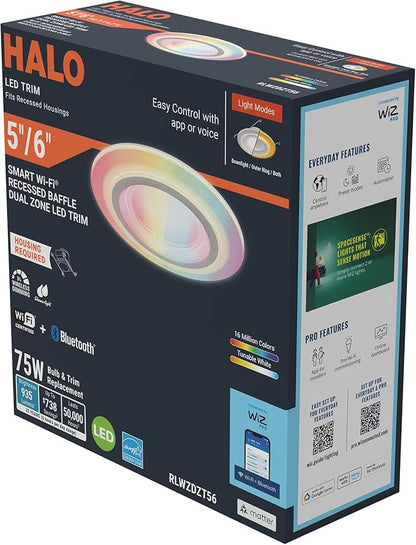 HALO 5/6 in Smart Wi-Fi Recessed LED Lights 4-Pack, Dual Zone, Dimmable, Full Color, SpaceSense Motion Detection Retrofit Can Lights Connected by WiZ Pro - RLWZDZT56-4PK