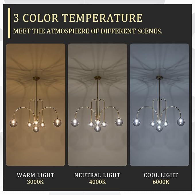 CATINER Modern Gold Chandelier, 6 Lights Sputnik Chandeliers Large L40”Mid Century Ceiling Pendant Light Fixtures with Smoke Glass Globe Shades for Living Dining Room Foyer Bedroom