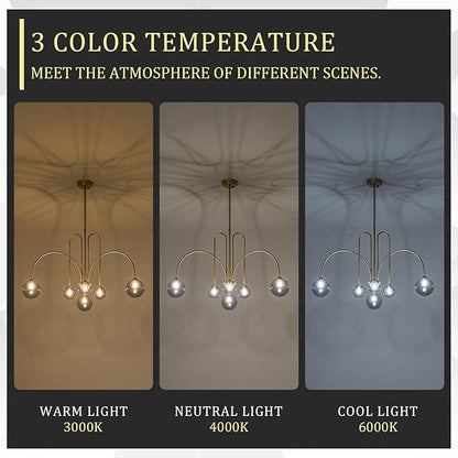 CATINER Modern Gold Chandelier, 6 Lights Sputnik Chandeliers Large L40”Mid Century Ceiling Pendant Light Fixtures with Smoke Glass Globe Shades for Living Dining Room Foyer Bedroom