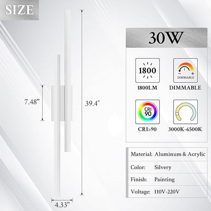 LED Wall Sconce Silver Modern Remote Wall Light Fixtures for Living Room, Dimmable LED Vanity Light Indoor Remote Wall Sconce for Bedside Bedroom Bathroom Dining Room, 39.4inch 1 Pack