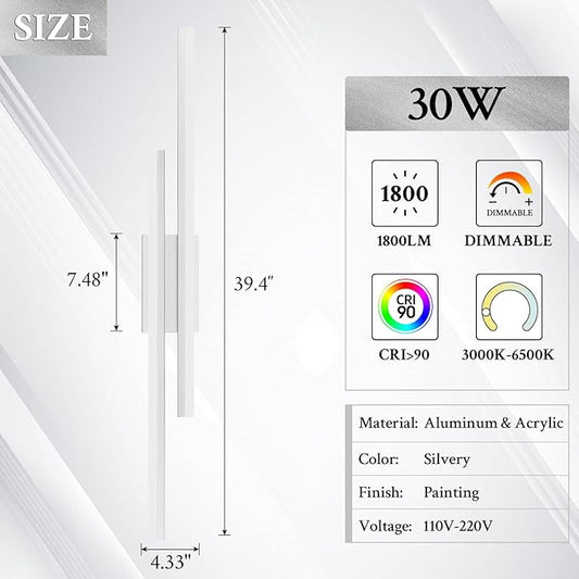 LED Wall Sconce Silver Modern Remote Wall Light Fixtures for Living Room, Dimmable LED Vanity Light Indoor Remote Wall Sconce for Bedside Bedroom Bathroom Dining Room, 39.4inch 1 Pack