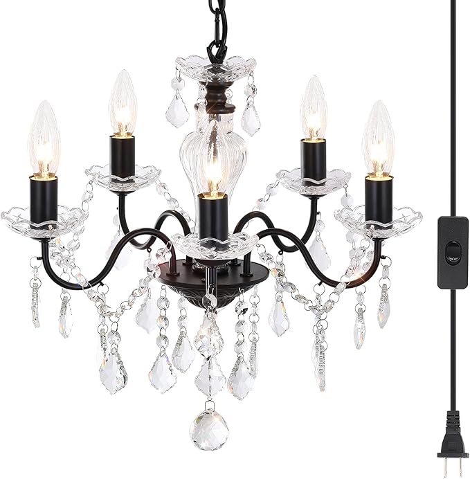 Plug in Modern 5-Light Black Chandelier with Glass Crystals, Candle Style Pendant Light Fixtures for Living Room, Girls Room, Kitchen Island, Entryway