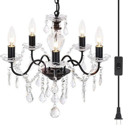 Plug in Modern 5-Light Black Chandelier with Glass Crystals, Candle Style Pendant Light Fixtures for Living Room, Girls Room, Kitchen Island, Entryway