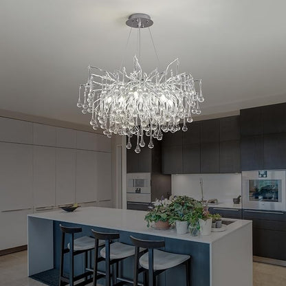 Modern Crystal Raindrop Chandelier, Silver Round Art Deco Tree Branch Lighting Fixture for Dining Room Living Room Foyer 13 Lights D31.5''