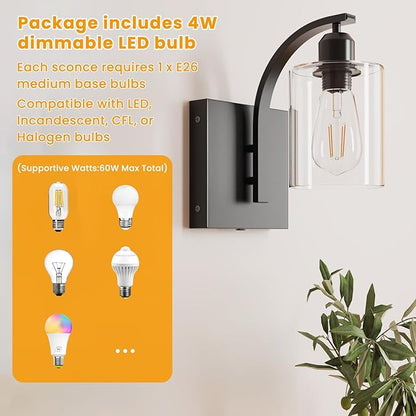 LGMCF Battery Operated Bathroom Sconces Set of 2 Non-Hardwired Modern Magnetic Rechargeable Wall Sconces Matte Black Wall Lighting Fixtures with Clear Glass Shade for Bathroom Bedroom and Living Room