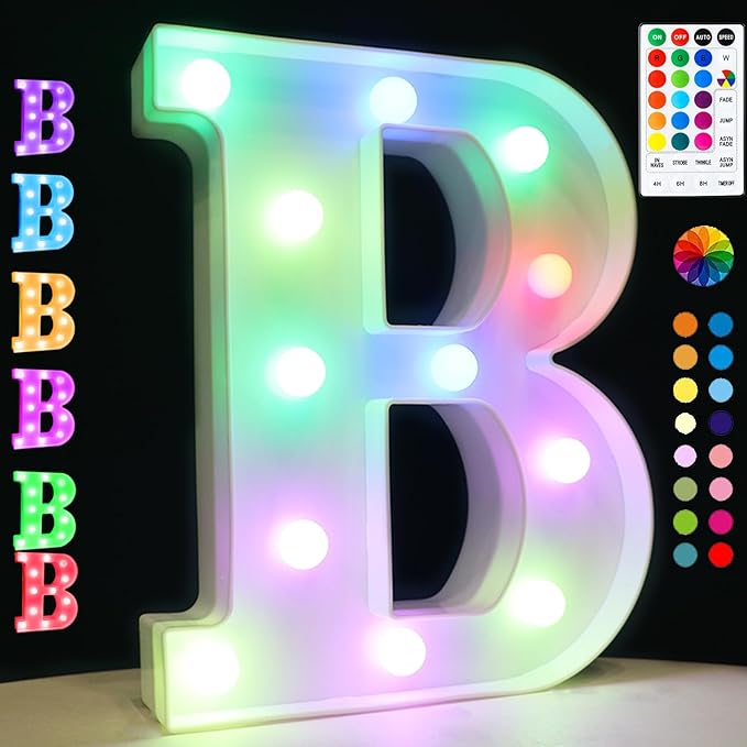 LED Marquee Letter Lights, 18 Colors Changing Light Up Letters with Remote, RGB Alphabet Letters Sign for Girls Boys Gift Birthday Party Night Light Bedroom Wedding Christmas Decor-Colorful B