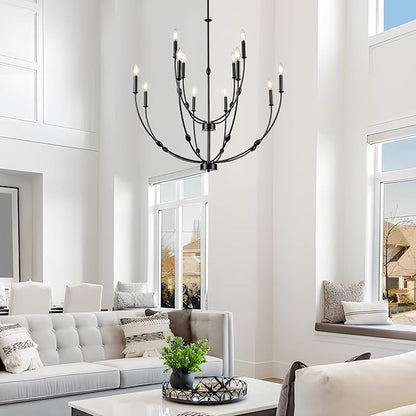 Large 35 Inch 2-Tier Modern Black Chandelier, 12-Light Farmhouse Candle Pendant Light for High Ceiling Foyer Entryway Living Room
