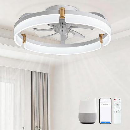 Smart Ceiling Fans with Lights Remote - 20'' WiFi Alexa Flush Mount Low Profile Modern Ceiling Fans for Bedroom - Stepless Color Temperature and 6 Speeds - White