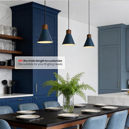 Farmhouse Pendant Lights for Kitchen Island, Modern Blue and Wood Dome Pendant Light Fixtures, Industrial Hanging Pendant Lighting for Dining Room Foyer Cafe Kitchen Sink, 3 Pack