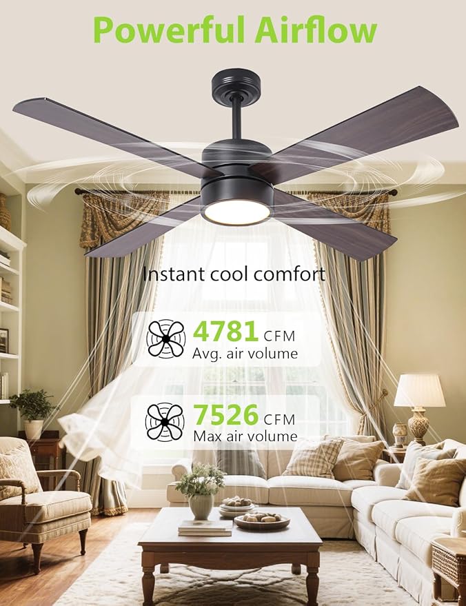52-Inch DC Motor Ceiling Fan with LED Light, 4 Reversible Blades, Remote & APP Control, Black & Walnut Finish, Dimmable 3-Color Lighting, Energy Efficient Indoor Ceiling Fan with Timer & Memory
