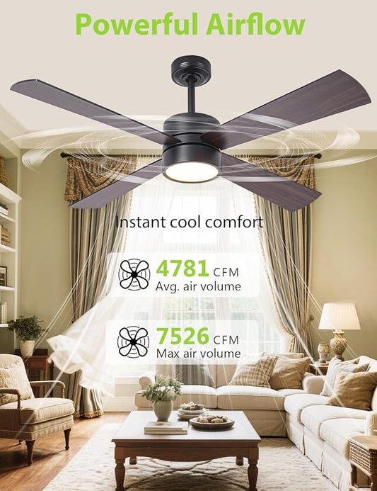 52-Inch DC Motor Ceiling Fan with LED Light, 4 Reversible Blades, Remote & APP Control, Black & Walnut Finish, Dimmable 3-Color Lighting, Energy Efficient Indoor Ceiling Fan with Timer & Memory