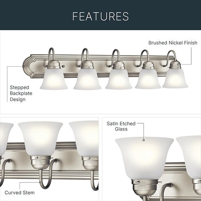Kichler 30" 4-Light Vanity Bath Light in Brushed Nickel, Modern Bathroom Light with Clear Satin Etched Glass, (30" W x 8" H), 5338NIS
