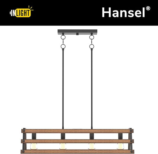 Inlight 34" Wide Farmhouse 4-Light Kitchen Island Pendant Light, Textured Black and Faux Painted Wood Finish, Rustic and Industrial Design Linear Chandelier for Dining Room, IN-0335-4-WD