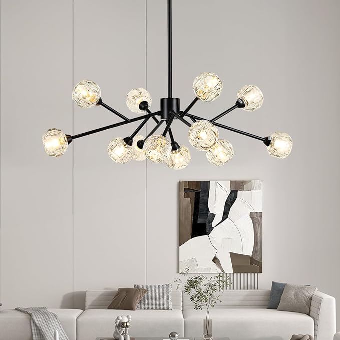 Weesalife Sputnik Chandeliers for Dining Room Light Fixture Over Table, Modern Crystal Chandeliers, 12 Lights Black Lighting Fixtures for Living Room Bedroom Kitchen Island Bar