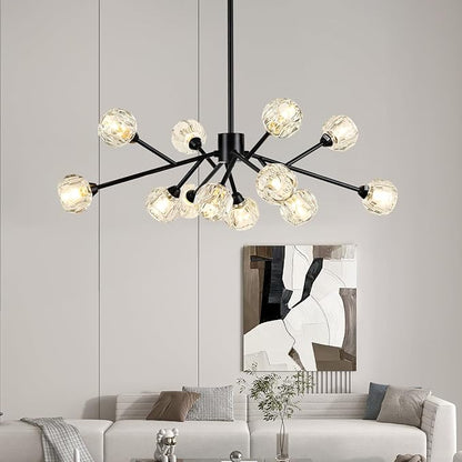 Weesalife Sputnik Chandeliers for Dining Room Light Fixture Over Table, Modern Crystal Chandeliers, 12 Lights Black Lighting Fixtures for Living Room Bedroom Kitchen Island Bar