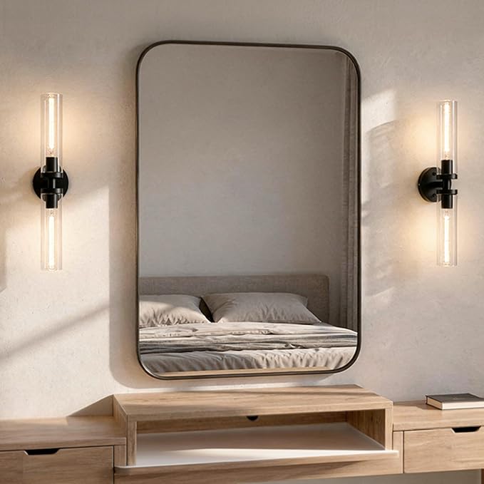 Wall Sconces Set of 2, Hardwired Bathroom Light Fixtures, Modern Bathroom Vanity Wall Lighting with Clear Glass Shade, Farmhouse Wall Sconce for Mirror Bedroom Hallway, Matte Black, E26 Base