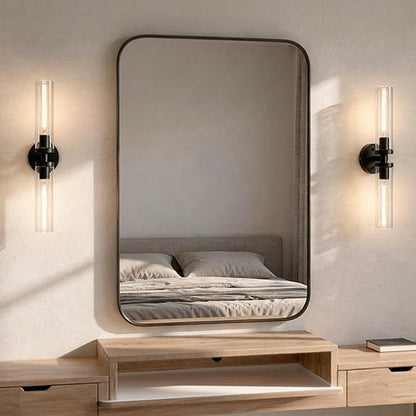 Wall Sconces Set of 2, Hardwired Bathroom Light Fixtures, Modern Bathroom Vanity Wall Lighting with Clear Glass Shade, Farmhouse Wall Sconce for Mirror Bedroom Hallway, Matte Black, E26 Base