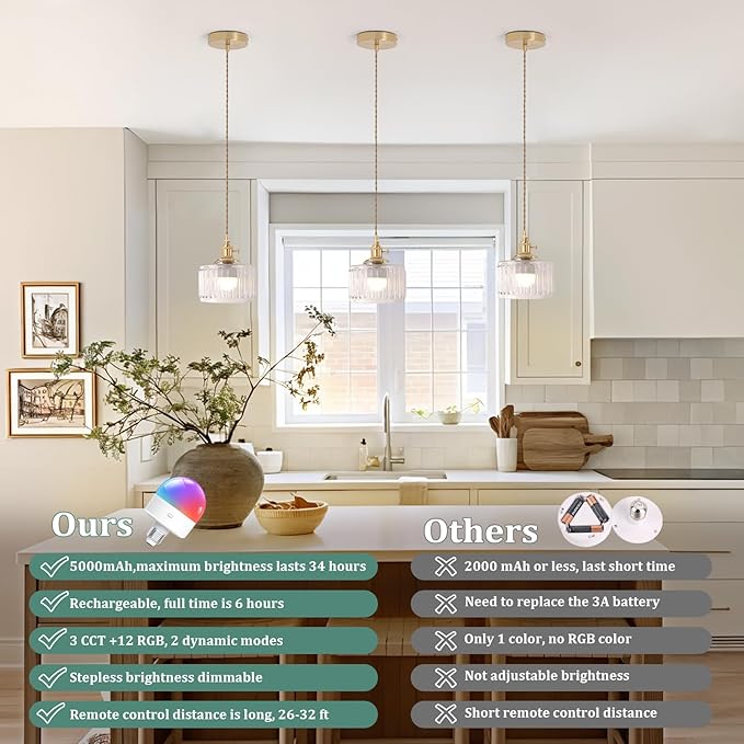 Shenmoyl Battery Operated Pendant Light 5000mAh Rechargeable Chandelier with Remote Control Wireless Adjustable Hanging Clear Striped Light for Kitchen Island Dining Room Hallway