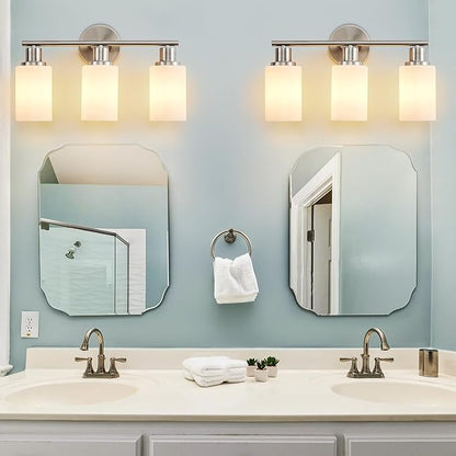DLLT 3-Light Bathroom Light Fixtures: Nickel Modern Vanity Lights with E26 Bulbs - Milky White Glass Shade Bathroom Wall Lamp for Mirror Kitchen Living Room Hallway Cabinet Porch