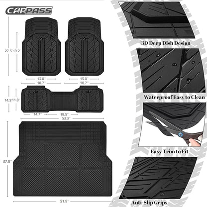 CAR PASS Floor Mats for Cars M-L Size, Heavy Duty Rubber Floor Mats with Trunk Cargo Liner, Universal Trim-to Fit Automotive Floor mats for Truck Van SUV Waterproof All Weather Car Mats Solid Black