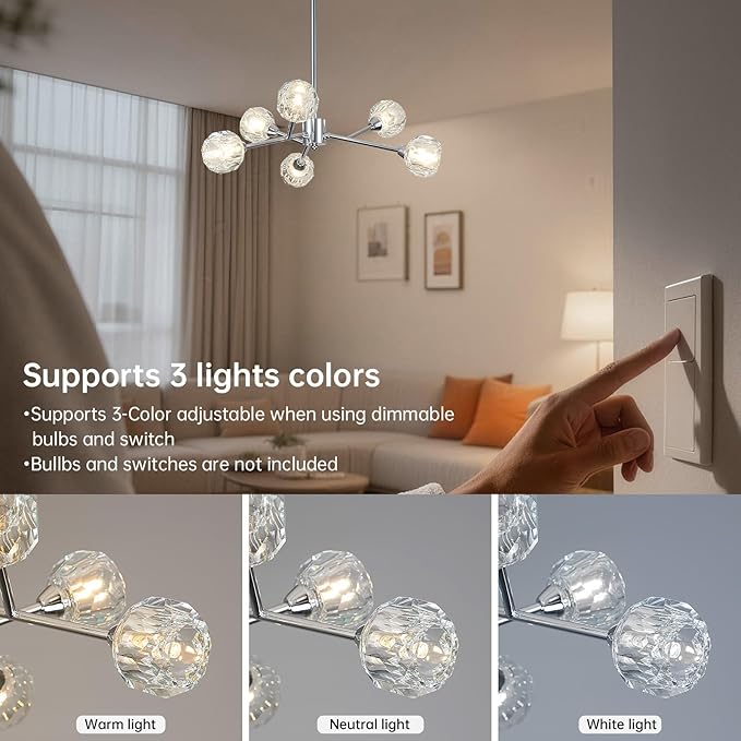 Weesalife Sputnik Chandeliers for Dining Room Light Fixture Over Table, Modern Crystal Chandeliers, 6 Lights Chrome Lighting Fixtures for Living Room Bedroom Kitchen Island