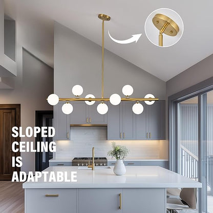 Mid Century Modern Globe Sputnik Chandelier, 9-Light Linear Chandeliers for Dining Room and Kitchen Island, Dining Light Fixture Over Table, Brass Gold and Milk White Glass Bubble, 40 Inch