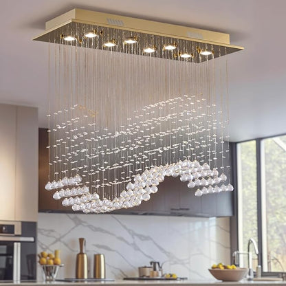 Siljoy Rectangular Gold Crystal Chandelier for Dining Room, 8-Light Modern Wave Raindrop Crystal Chandelier for Living Room Kitchen Island L31.5'' x W11.8'' x H32.2''