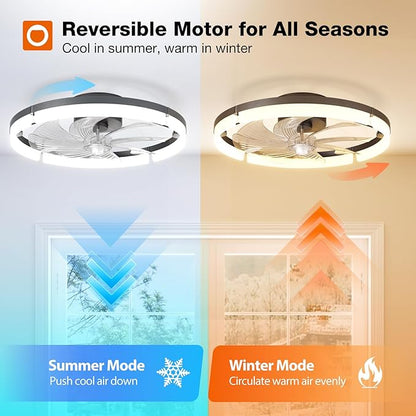 addlon Ceiling Fans with Lights and Remote, 20'' Low Profile Ceiling Fan, 3000-6000K Dimmable Modern Flush Mount Fandelier for Bedroom, Kitchen, Living Room, Black
