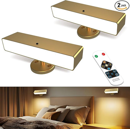 Battery Powered Wall Sconce Lights Set of Two: Gold Rechargeable Wall Lights with Remote, Wireless LED Wall Mounted Lights, 360° Rotation Magnetic Cordless Scone Lighting for Bedroom Living Room