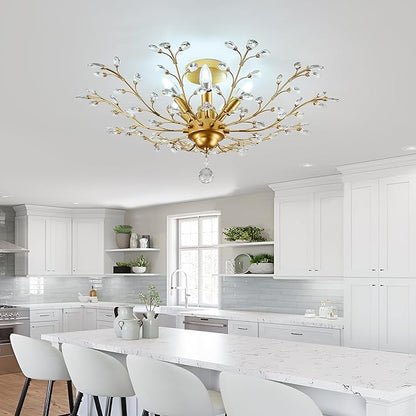 CVKASH 5-Light Vintage Small Crystal Chandelier Modern Brushed Gold Branche Ceiling Light Fixture Farmhouse for Kitchen Dining Room Living Room Bedroom Hallway Foyer