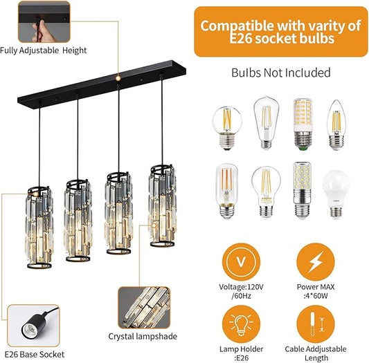 LMQNINE 4 Light Black Pendant Lighting Modern Pendant Light, Mini Crystal Chandeliers,Adjustable Pendant Light Fixture for Kitchen Island Dinning Room Bedroom (Black 4-Light)