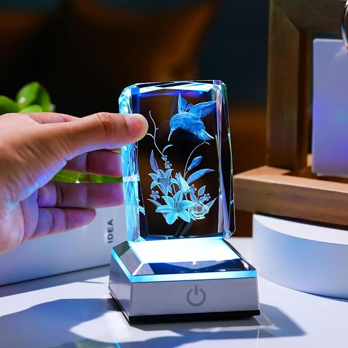 3D Hummingbird Mothers Day Gifts for Mom Women Glass Figurines Crystal Humming Bird Lily Flower Statue Home Decor with Light Base, Present for Nature Lovers on Birthday Christmas