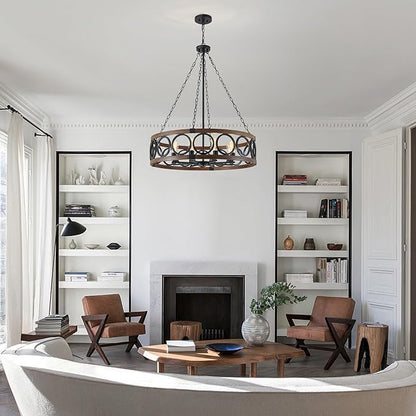 XINGQI Modern Farmhouse Chandelier 32.3" Large Drum 8 Lights Rustic Pendant Lighting Fixture for Living Room Dining Room Kitchen Island Bar Office, Round Metal Shade Black Wood Grain Finish
