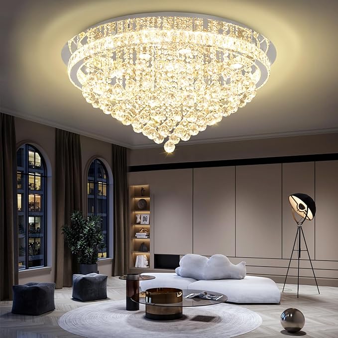 Dia 32" Modern Crystal Chandeliers for Dining Room,Silver Raindrop Chandelier Flush Mount Chandeliers for Living Room Bedrooms Dining Room Dimmable 2700k 4500k 6000k