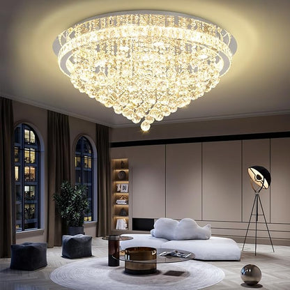 Dia 32" Modern Crystal Chandeliers for Dining Room,Silver Raindrop Chandelier Flush Mount Chandeliers for Living Room Bedrooms Dining Room Dimmable 2700k 4500k 6000k