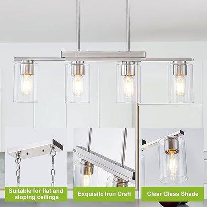 WILON Kitchen Island Lighting, 4 Lights Nickel Sand Linear Chandeliers Modern Farmhouse Chandelier with Glass Shades for Kitchen Island Living Dining Room Foyer Bedroom(Brushed Nickel,4 Lights)