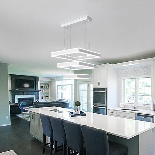 O'NEELDY Modern LED Chandeliers White Square Rings Pendant Light Fixture with Hanging Cord Flush Mount Square Modern Chandeliers for Kitchen Island Dining Room