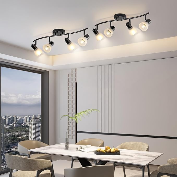 KEESFU 4 Light Track Lighting Fixtures Ceiling Kit,Adjustable Kitchen Ceiling Light with Glass Shade,Modern Black Track Light for Kitchen Over Sink Bedroom Hallway Living Room,E12base