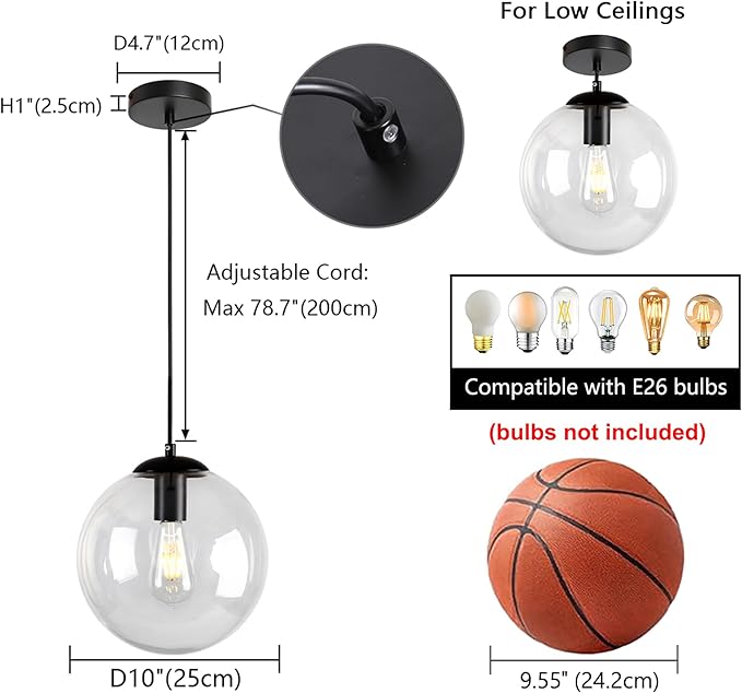 Modern Globe Pendant Light, 10" Mid Century Chandelier, Black Hanging Lights Fixtures with Clear Glass for Kitchen Island Dining Room Bedroom Hallway Foyer, Adjustable Height
